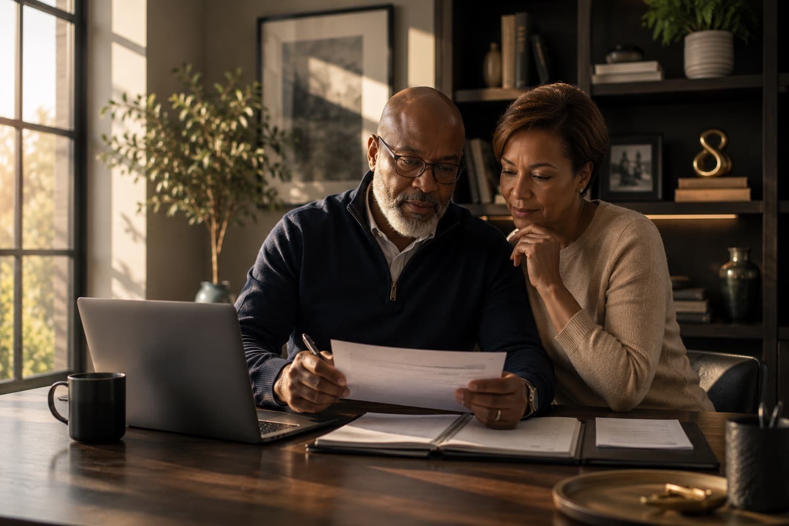 A couple in their sixties reading a financial statement together at a desk, morning light through the window