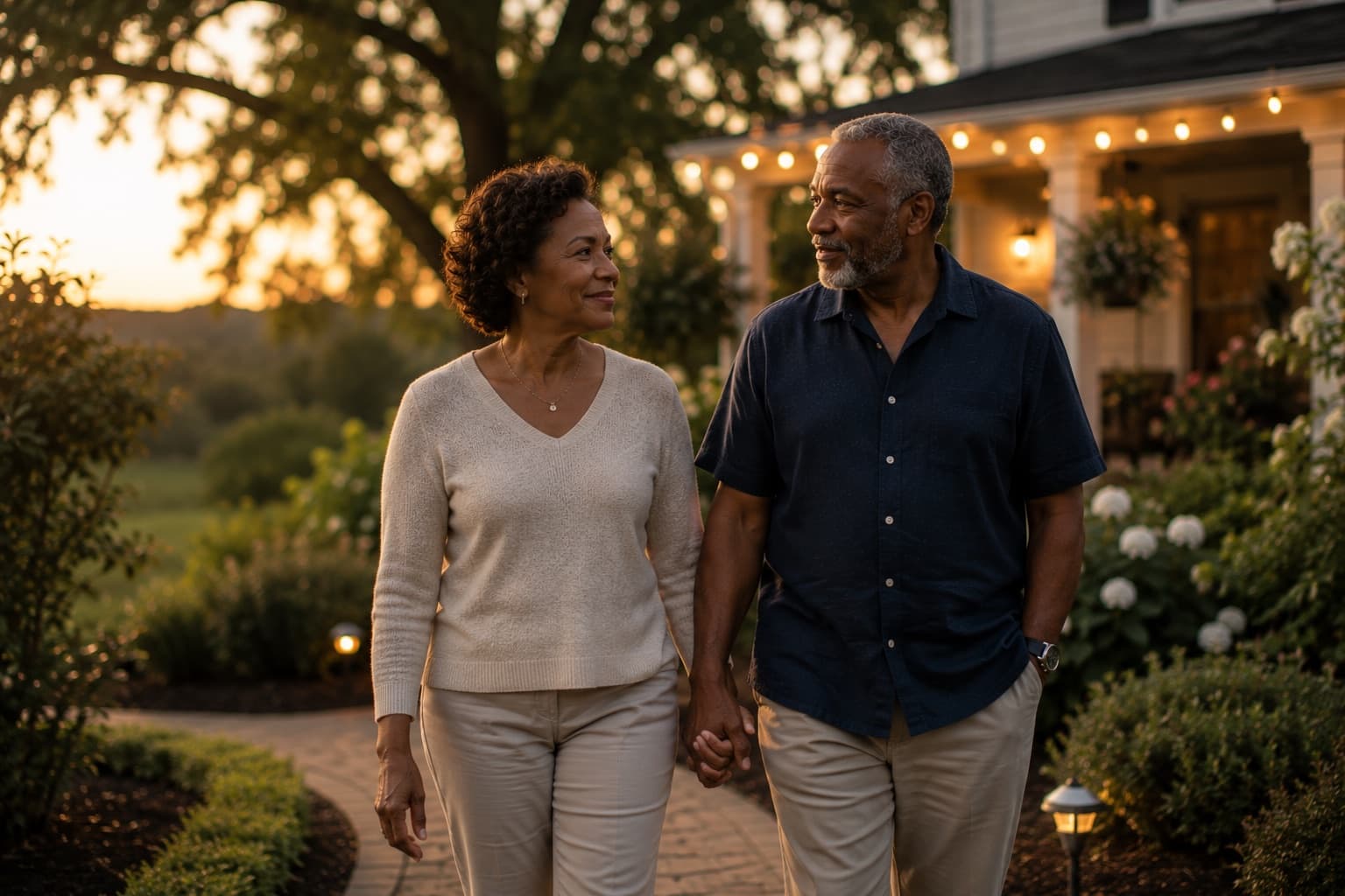 An older couple walking hand in hand along the garden path outside their home at dusk