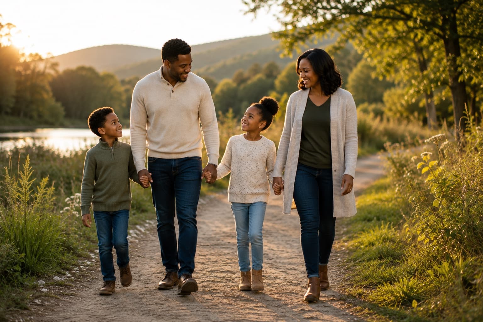 Two parents walking hand in hand with their son and daughter along a lakeside path at golden hour