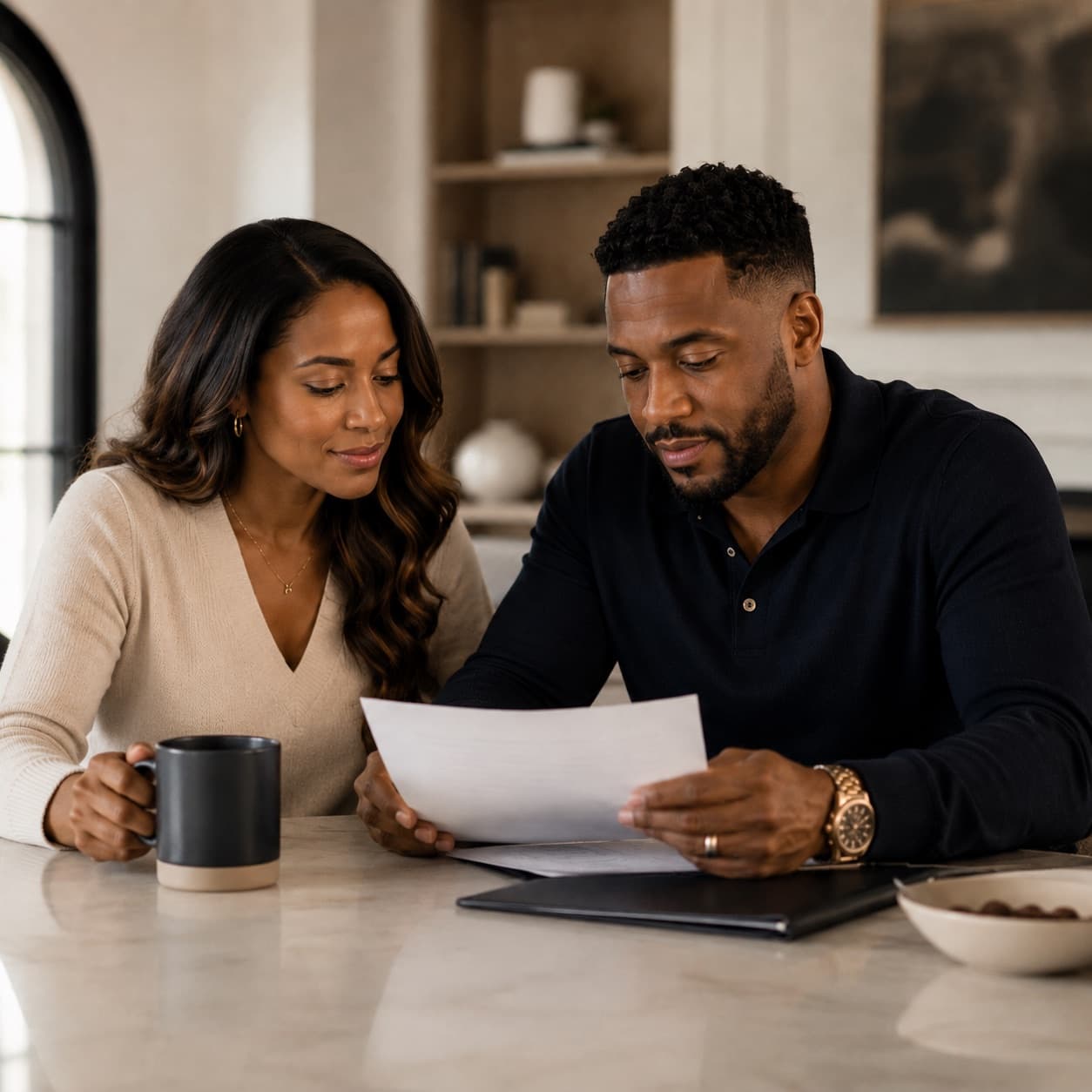 A couple reviewing their finances together at the kitchen counter