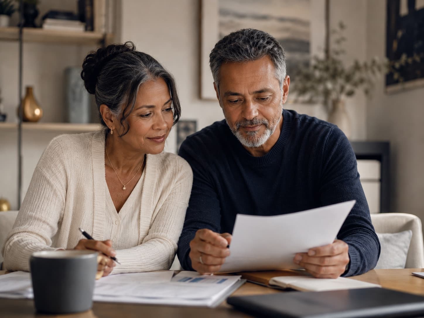 A mature couple reviewing their financial plan together at home